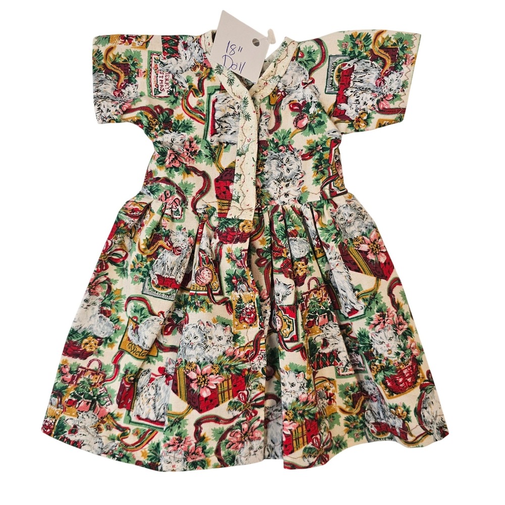Handmade Christmas Kitten Doll Dress for 18 Inch Dolls‎ Cream Red Green